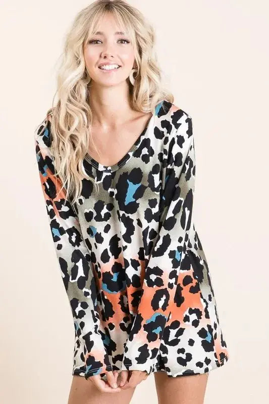 BiBi Gradation Leopard Print Soft Knit Deep U Neck Top - Love Salve